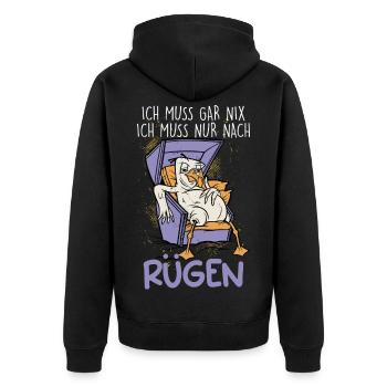 Ostsee MUSS GAR NICHTS MUSS NUR NACH RÜGEN Lustig - Unisex Premium Bio Zip Hoodie - Schwarz - Hinten - Nico (187cm)