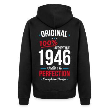 1946 – Original – Exemplaire unique - Veste à capuche bio Premium Unisexe - noir - Dos - Nico (187cm)