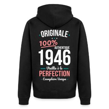 1946 – Originale – Exemplaire unique - Veste à capuche bio Premium Unisexe - noir - Dos - Nico (187cm)
