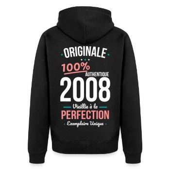 2008 – Original – Einzigartiges Exemplar - Unisex Premium Bio Zip Hoodie - Schwarz - Hinten - Nico (187cm)
