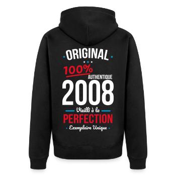 2008 – Original – Einzigartiges Exemplar - Unisex Premium Bio Zip Hoodie - Schwarz - Hinten - Nico (187cm)