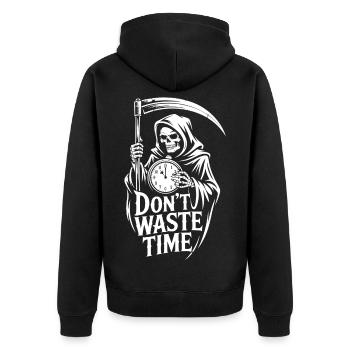 Sensenmann Zeit Nicht Verschwenden - Unisex Premium Bio Zip Hoodie - Schwarz - Hinten - Nico (187cm)