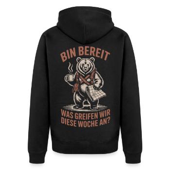 Bin Bereit – Abenteuer Bär Outdoor Humor Design - Unisex Premium Bio Zip Hoodie - Schwarz - Hinten - Nico (187cm)