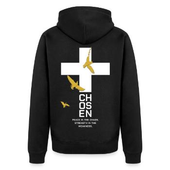 CHOSEN Kreuz Tauben Gold Weiß Peace - Unisex Premium Bio Zip Hoodie - Schwarz - Hinten - Nico (187cm)
