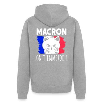 Macron On T'Emmerde ! Chat Chaton Humour - Veste à capuche bio Premium Unisexe - gris chiné - Dos - Nico (187cm)