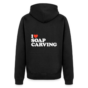 I love Soap Carving Herz Shirt - Unisex Premium Bio Zip Hoodie - Schwarz - Hinten - Nico (187cm)