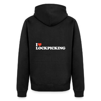 I love Lockpicking Herz Shirt - Unisex Premium Bio Zip Hoodie - Schwarz - Hinten - Nico (187cm)