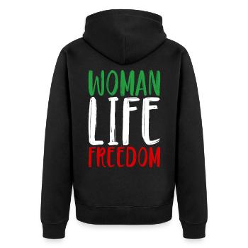 Woman Life Freedom Frau Frauen Frauenrechte Iran - Unisex Premium Bio Zip Hoodie - Schwarz - Hinten - Nico (187cm)
