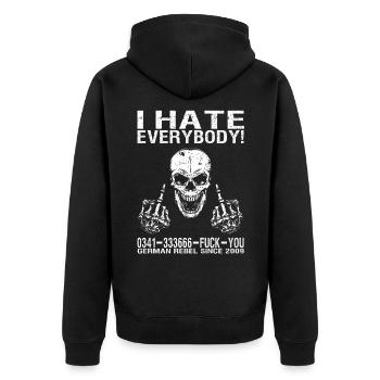 I hate everybody - Unisex Premium Bio Zip Hoodie - Schwarz - Hinten - Nico (187cm)