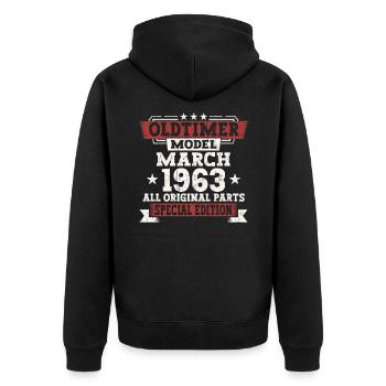 60. Geburtstag Mann März Jahrgang 1963 Oldtimer - Unisex Premium Bio Zip Hoodie - Schwarz - Hinten - Nico (187cm)