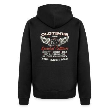66. Geburtstag Mann Juni Jahrgang 1957 Oldtimer - Unisex Premium Bio Zip Hoodie - Schwarz - Hinten - Nico (187cm)