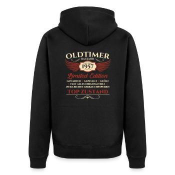 66. Geburtstag Oldtimer Oktober Jahrgang 1957 - Unisex Premium Bio Zip Hoodie - Schwarz - Hinten - Nico (187cm)
