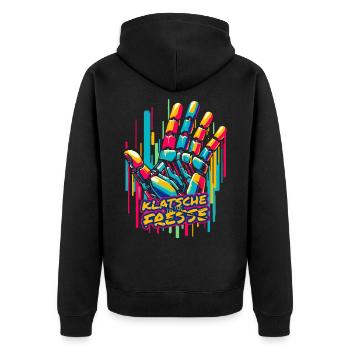 "Klatsche on the Fresse" Dual-Font Cyberpunk Tee - Unisex Premium Bio Zip Hoodie - Schwarz - Hinten - Nico (187cm)