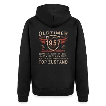 66. Geburtstag Oldtimer Dezember Jahrgang 1957 - Unisex Premium Bio Zip Hoodie - Schwarz - Hinten - Nico (187cm)