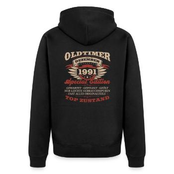 32. Geburtstag Oldtimer Dezember Jahrgang 1991 - Unisex Premium Bio Zip Hoodie - Schwarz - Hinten - Nico (187cm)