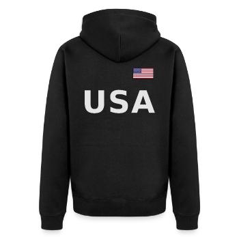 TEAM USA amerikanische Flagge Fahne über Schrift - Unisex Premium Bio Zip Hoodie - Schwarz - Hinten - Nico (187cm)
