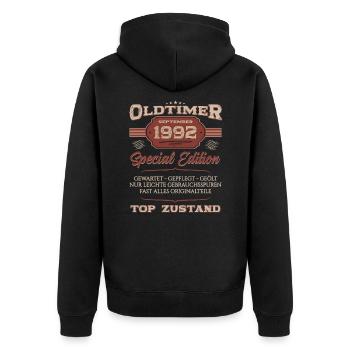 32. Geburtstag Oldtimer September 1992 Jahrgang 92 - Unisex Premium Bio Zip Hoodie - Schwarz - Hinten - Nico (187cm)