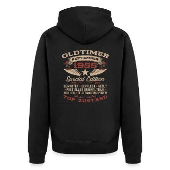 70. GeburtstagOldtimer September 1955 Jahrgang 55 - Unisex Premium Bio Zip Hoodie - Schwarz - Hinten - Nico (187cm)