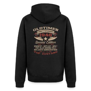 76e anniversaire Voiture de collection Septembre 1948 Année 48 - Veste à capuche bio Premium Unisexe - noir - Dos - Nico (187cm)