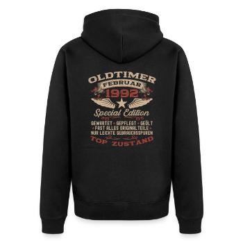 33. Geburtstag Oldtimer Februar Jahrgang 1992 - Unisex Premium Bio Zip Hoodie - Schwarz - Hinten - Nico (187cm)