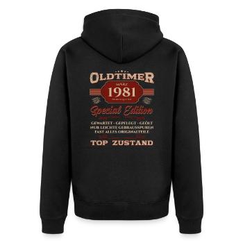 44. Geburtstag Oldtimer März Jahrgang 1981 - Unisex Premium Bio Zip Hoodie - Schwarz - Hinten - Nico (187cm)