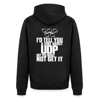 Joke about UDP but you might not get it - Unisex Premium Bio Zip Hoodie - Schwarz - Hinten - Nico (187cm)