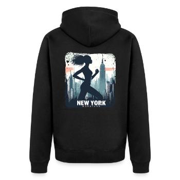 Läuferin Skyline NYC - Unisex Premium Bio Zip Hoodie - Schwarz - Hinten - Nico (187cm)
