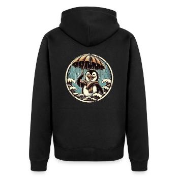 Fröhlicher Pinguin bei Regen mit Regenschirm - Unisex Premium Bio Zip Hoodie - Schwarz - Hinten - Nico (187cm)