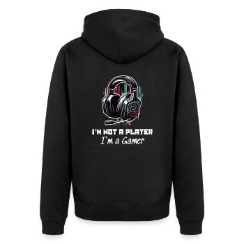 I'm not a Player but a Gamer Sprüche Shirt - Unisex Premium Bio Zip Hoodie - Schwarz - Hinten - Nico (187cm)
