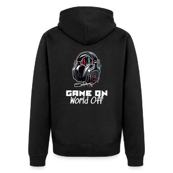 Game On World Off Gamer Sprüche Shirt - Unisex Premium Bio Zip Hoodie - Schwarz - Hinten - Nico (187cm)