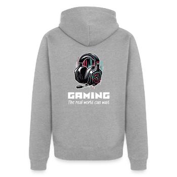 Jeux Le monde réel peut attendre Gamer Dictons Chemise - Veste à capuche bio Premium Unisexe - gris chiné - Dos - Nico (187cm)