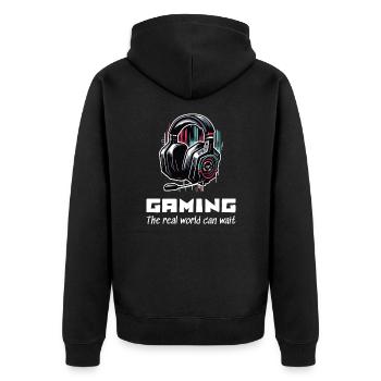 Gaming The real world can wait Gamer Sprüche Shirt - Unisex Premium Bio Zip Hoodie - Schwarz - Hinten - Nico (187cm)