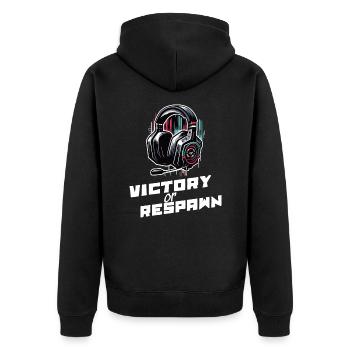 Victory or Respawn Gaming Sprüche Shirt - Unisex Premium Bio Zip Hoodie - Schwarz - Hinten - Nico (187cm)