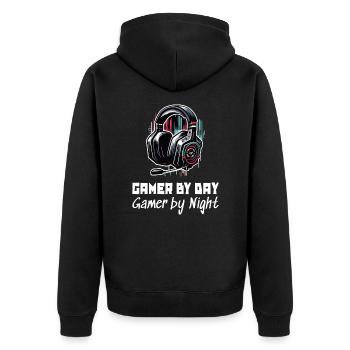 Gamer by day and by night Gaming Schlafshirt - Unisex Premium Bio Zip Hoodie - Schwarz - Hinten - Nico (187cm)