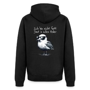 Ich bin nicht fett dat is alles Feder Möwe Spruch - Unisex Premium Bio Zip Hoodie - Schwarz - Hinten - Nico (187cm)