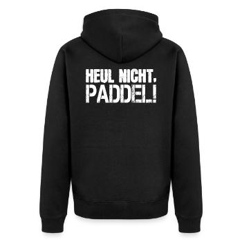 Heul nicht Paddel - Lustiges Paddel Spruch Motiv - Unisex Premium Bio Zip Hoodie - Schwarz - Hinten - Nico (187cm)