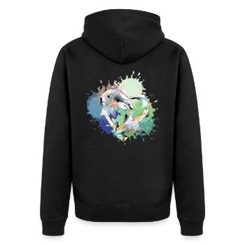 Hai,Haie, Fisch, hammerhai, Graffiti, bunt - Unisex Premium Bio Zip Hoodie - Schwarz - Hinten - Nico (187cm)