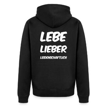Leidenschaft geht immer - Unisex Premium Bio Zip Hoodie - Schwarz - Hinten - Nico (187cm)