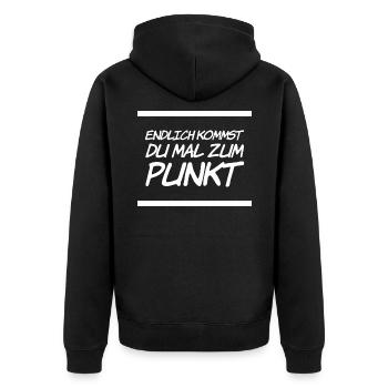 endlich kommst du mal zum Punkt - Unisex Premium Bio Zip Hoodie - Schwarz - Hinten - Nico (187cm)