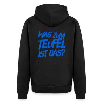 was zum Teufel ist das - Unisex Premium Bio Zip Hoodie - Schwarz - Hinten - Nico (187cm)