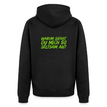 warum siehst du mich so seltsam an? - Unisex Premium Bio Zip Hoodie - Schwarz - Hinten - Nico (187cm)