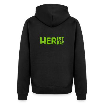 wer steht vor der Tür? - Unisex Premium Bio Zip Hoodie - Schwarz - Hinten - Nico (187cm)