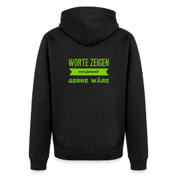 Worte sind unwichtig - Unisex Premium Bio Zip Hoodie - Schwarz - Hinten - Nico (187cm)