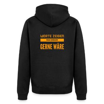 Worte werden überschätzt - Unisex Premium Bio Zip Hoodie - Schwarz - Hinten - Nico (187cm)