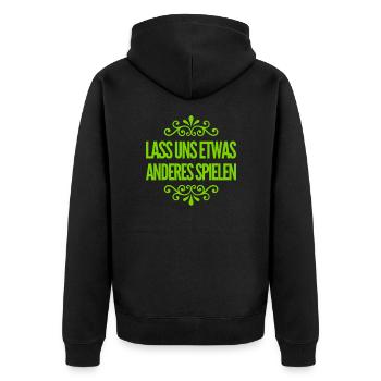 was können wir noch spielen - Unisex Premium Bio Zip Hoodie - Schwarz - Hinten - Nico (187cm)