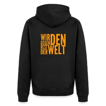 keiner hält uns auf - Unisex Premium Bio Zip Hoodie - Schwarz - Hinten - Nico (187cm)