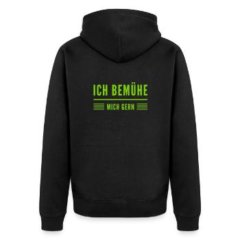 ich bin gerne bemüht - Unisex Premium Bio Zip Hoodie - Schwarz - Hinten - Nico (187cm)