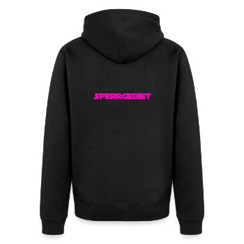 hier ist zu - Unisex Premium Bio Zip Hoodie - Schwarz - Hinten - Nico (187cm)