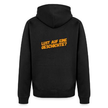 Geschichte? - Unisex Premium Bio Zip Hoodie - Schwarz - Hinten - Nico (187cm)