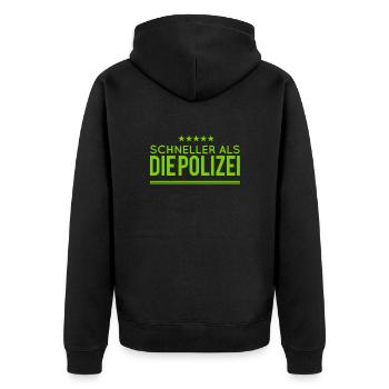 die Polizei abhängen - Unisex Premium Bio Zip Hoodie - Schwarz - Hinten - Nico (187cm)